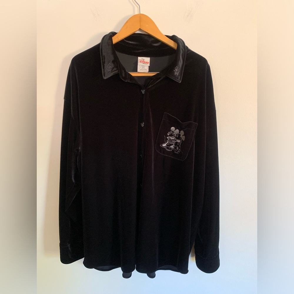 The Disney Store Vintage Black Velour Button Down Mickey Minnie Long Sleeve Top
